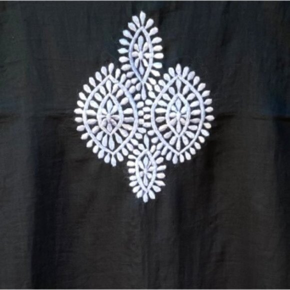 Black & White Embroidered Linen Blend Wrap/Shawl with Fringe Pom Pom's - Picture 9 of 12